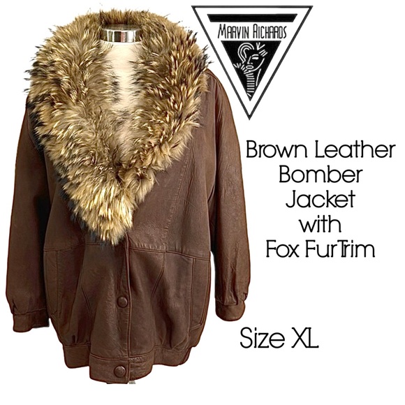 Marvin Richards Jackets & Blazers - J. Percy for Marvin Richards Brown Leather Fox Fur Trim Bomber Jacket Coat